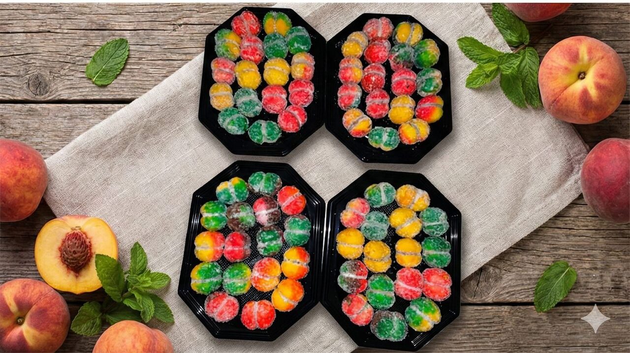 Patru caserole cu fursecuri colorate, pregătite pentru comandă